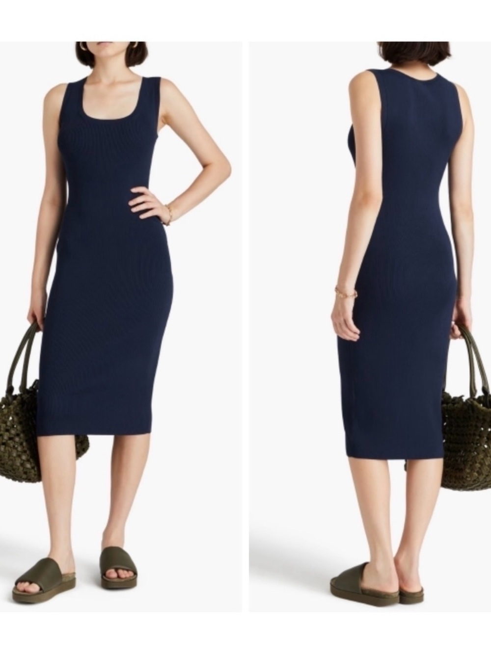 Theory Navy Glossed Ribbed Scoop-Neck Midi Dress
